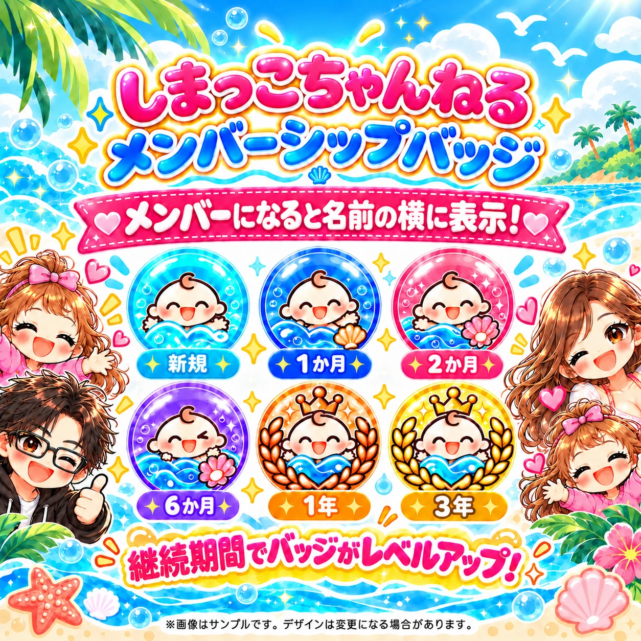 新規、1か月、2か月、6か月、1年、3年のメンバーバッジ紹介